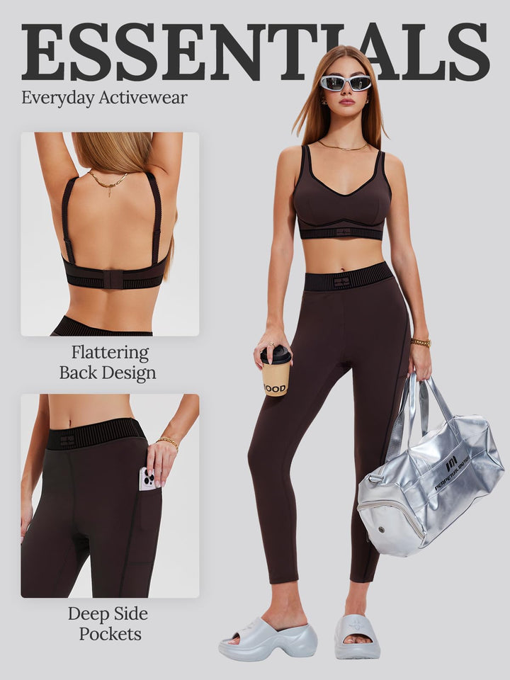 IUK Workout Sets for Women 2 Piece Matching Set Sport Plunge V Neck Bra Legging with Pockets Gym Travel Outfits Yoga Athletic