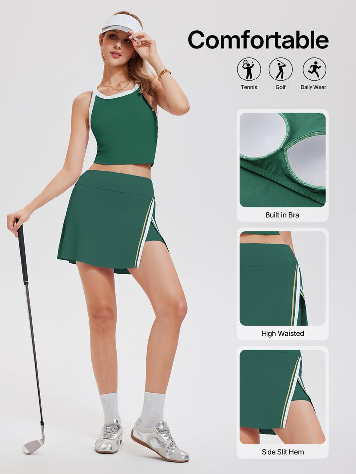 Women’s 2 Piece Tennis Skirt Set Athletic Side Slit Skort with 4 Pockets &amp; Padded Racerback Crop Top for Pickleball Golf