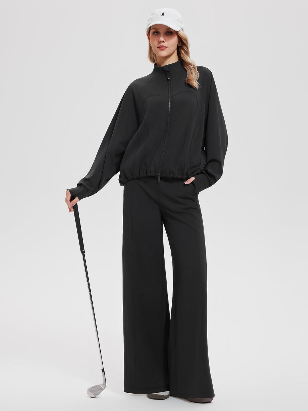 IUK Tall Women’s 2 Piece Athleisure Lounge Set, Oversized Zip Up Jacket &amp; High Waisted Wide Leg Pants, Matching Active Outfit