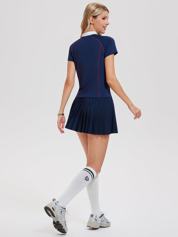 Women’s Tennis Outfit 2 Piece Half-Zip Polo Shirt &amp; Pleated Skirt Set Athletic Golf Pickleball Skort with Shorts and Pockets