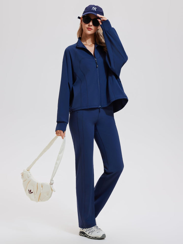 IUK Women’s 2 Piece Athleisure Lounge Set, Oversized Zip Up Jacket &amp; High Waisted Straight Leg Pants, Matching Outfit