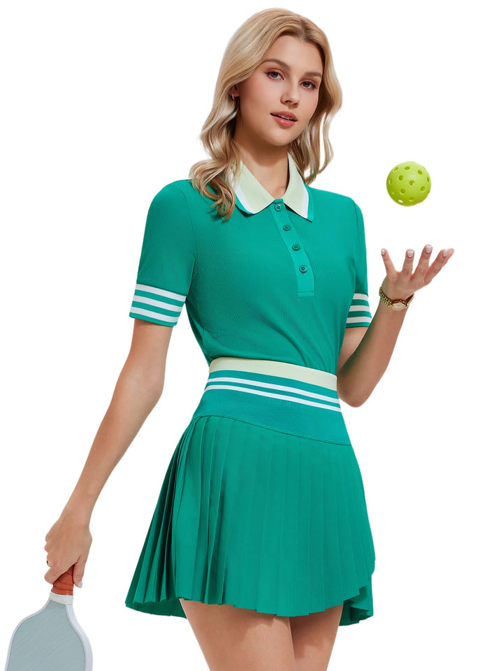 Women’s 2 Piece Tennis Skirt Set, Preppy Polo Top &amp; High Waisted Pleated Skort with Pockets, Athletic Golf Pickleball Outfit