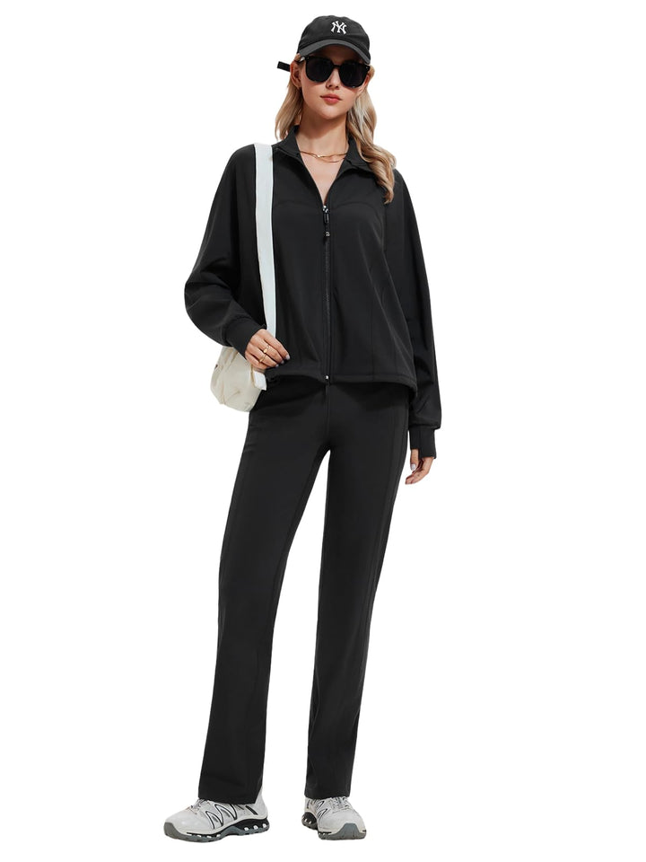 IUK Women’s 2 Piece Athleisure Lounge Set, Oversized Zip Up Jacket &amp; High Waisted Straight Leg Pants, Matching Outfit
