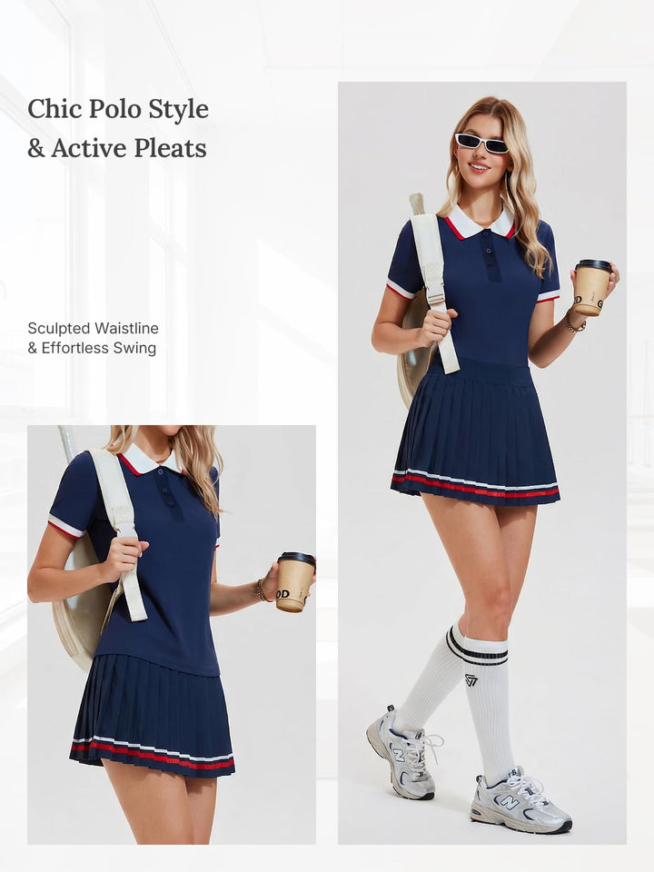 IUK Womens 2 Piece Tennis Skirt Set Polo Pleated Skort with Pockets Golf Pickleball Badminton Athletic Workout Outfit