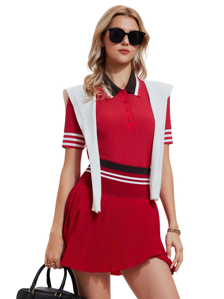 Women’s 2 Piece Tennis Skirt Set, Preppy Polo Top &amp; High Waisted Pleated Skort with Pockets, Athletic Golf Pickleball Outfit