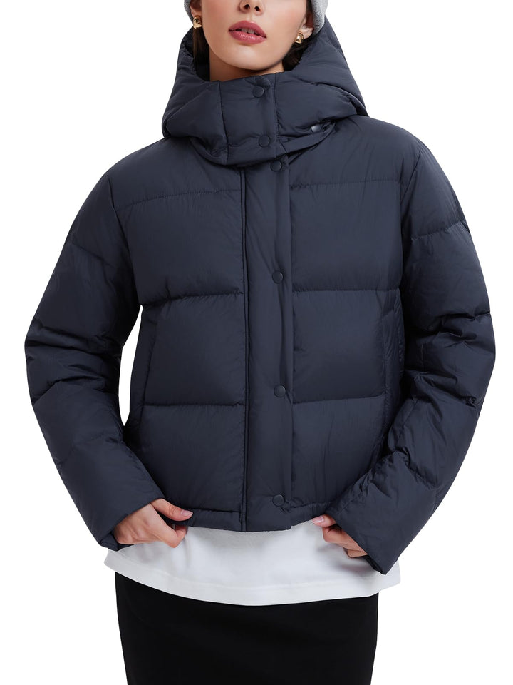 IUK 800 Fill Short Down Puffer Jacket, Relaxed Fit Lightweight Ski Winter Jacket &amp; Coat Snap Button Puffy Cropped Outerwear