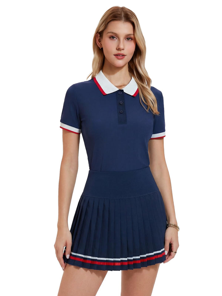 IUK Womens 2 Piece Tennis Skirt Set Polo Pleated Skort with Pockets Golf Pickleball Badminton Athletic Workout Outfit