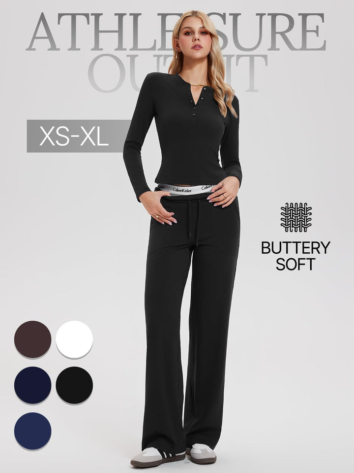 Womens Henley Y2K Lounge Sets 2 Piece Outfit Airport Travel Tracksuit Sweatsuit Outfits Tall Matching Set High Waist Pants