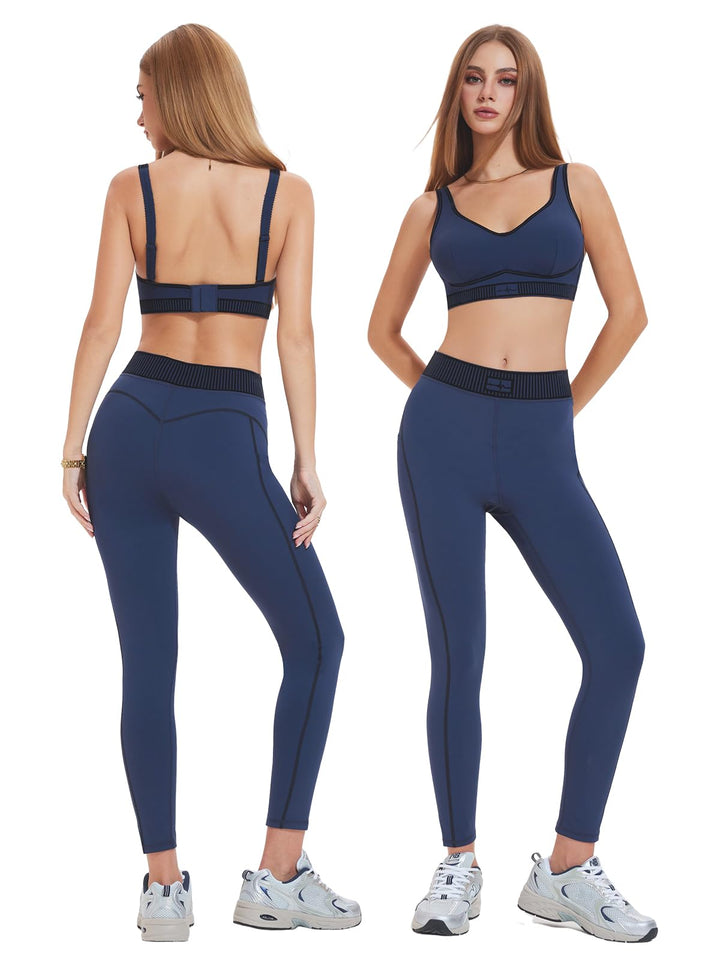 IUK Workout Sets for Women 2 Piece Matching Set Sport Plunge V Neck Bra Legging with Pockets Gym Travel Outfits Yoga Athletic