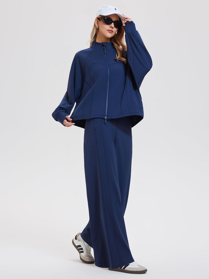 IUK Tall Women’s 2 Piece Athleisure Lounge Set, Oversized Zip Up Jacket &amp; High Waisted Wide Leg Pants, Matching Active Outfit