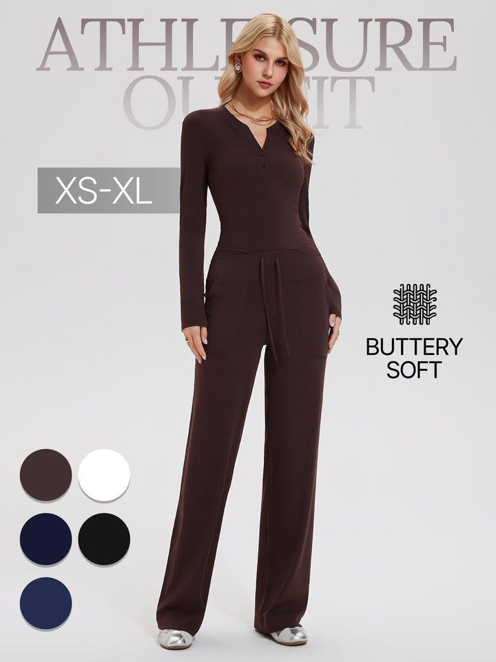 Womens Henley Y2K Lounge Sets 2 Piece Outfit Airport Travel Tracksuit Sweatsuit Outfits Tall Matching Set High Waist Pants