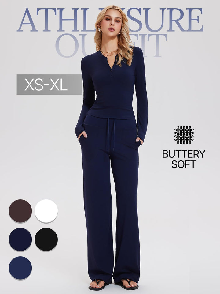 Womens Henley Y2K Lounge Sets 2 Piece Outfit Airport Travel Tracksuit Sweatsuit Outfits Tall Matching Set High Waist Pants