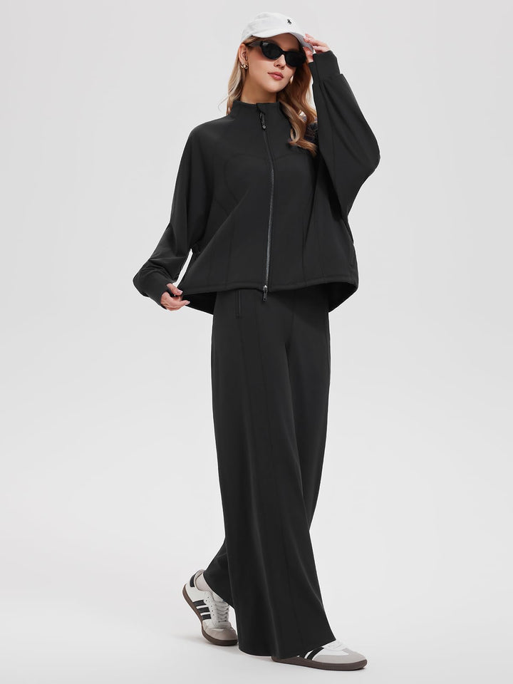 IUK Tall Women’s 2 Piece Athleisure Lounge Set, Oversized Zip Up Jacket &amp; High Waisted Wide Leg Pants, Matching Active Outfit