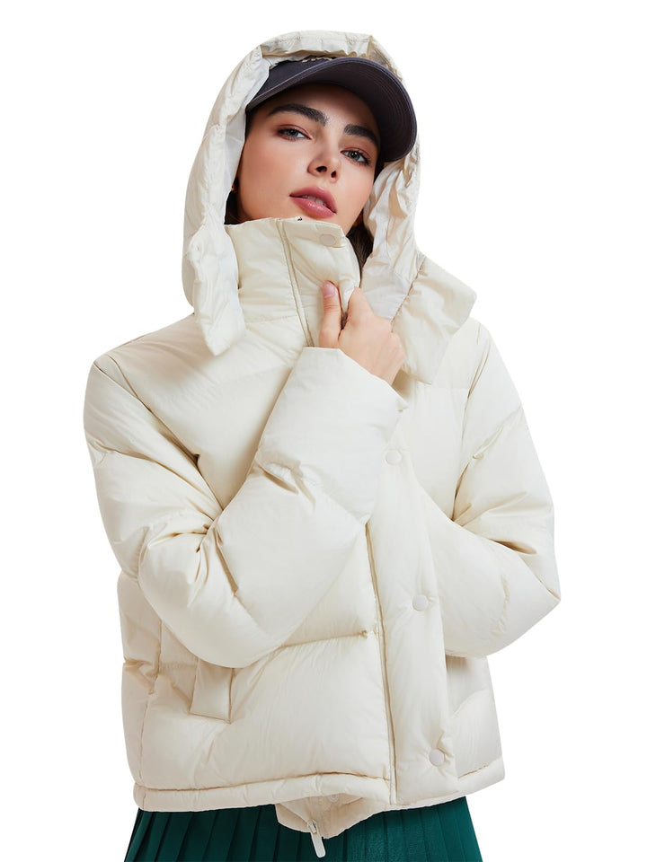 IUK 800 Fill Short Down Puffer Jacket, Relaxed Fit Lightweight Ski Winter Jacket &amp; Coat Snap Button Puffy Cropped Outerwear