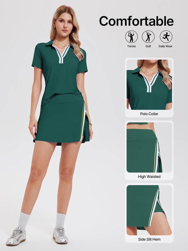 Women’s 2 Piece Tennis Skirt Set Colorblock V Neck Polo &amp; High Waisted Side Slit Skort Athletic Outfit for Pickleball Golf