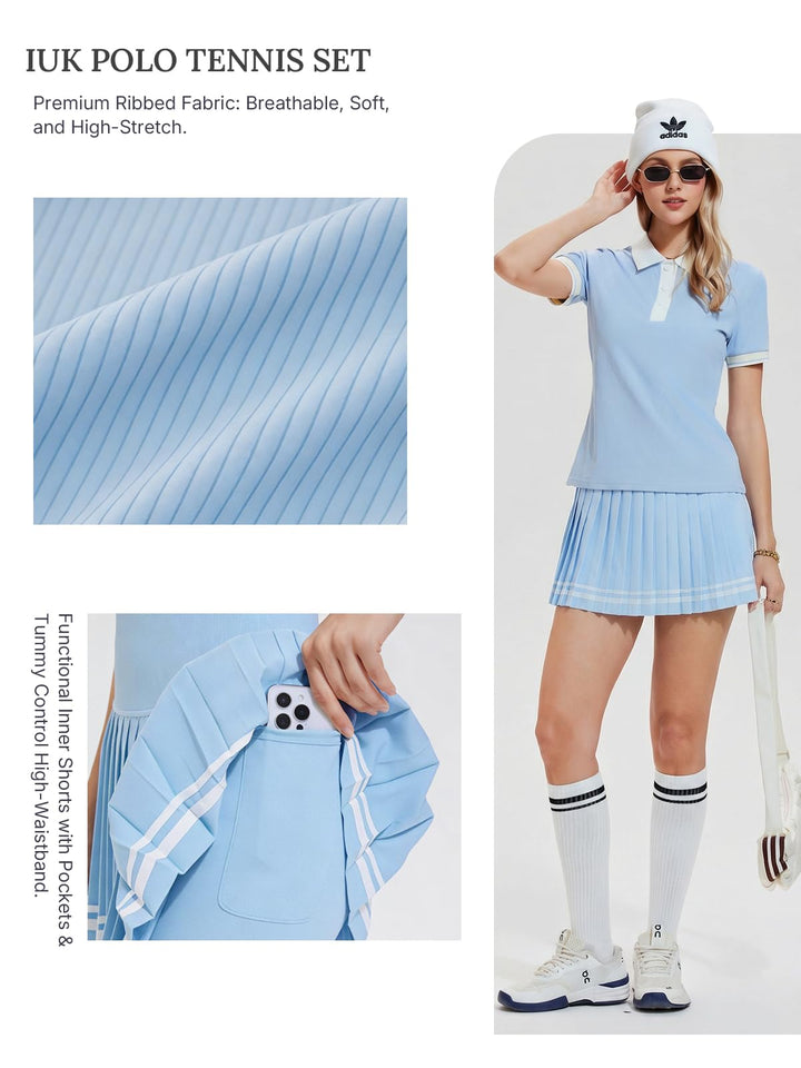 IUK Womens 2 Piece Tennis Skirt Set Polo Pleated Skort with Pockets Golf Pickleball Badminton Athletic Workout Outfit