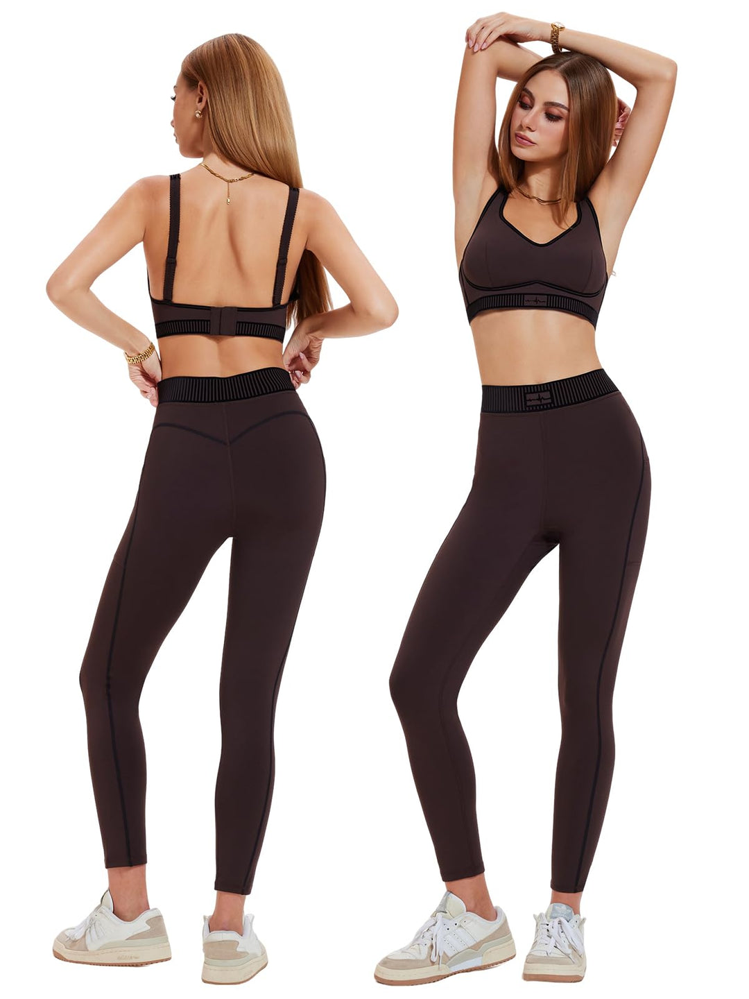 IUK Workout Sets for Women 2 Piece Matching Set Sport Plunge V Neck Bra Legging with Pockets Gym Travel Outfits Yoga Athletic
