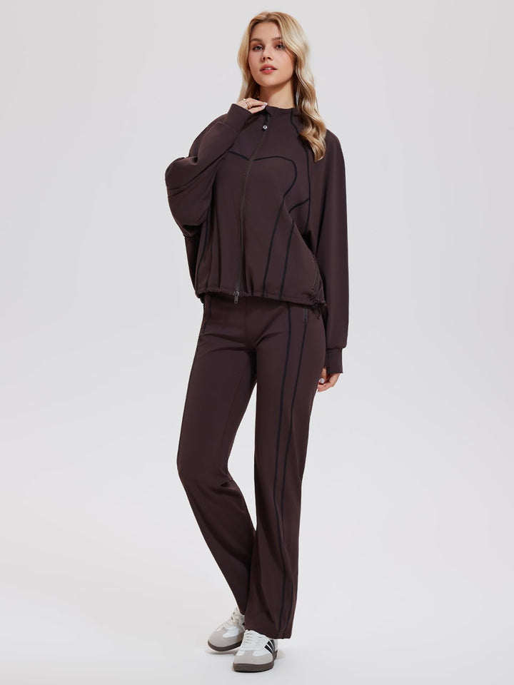 IUK Women’s 2 Piece Athleisure Lounge Set, Oversized Zip Up Jacket &amp; High Waisted Straight Leg Pants, Matching Outfit
