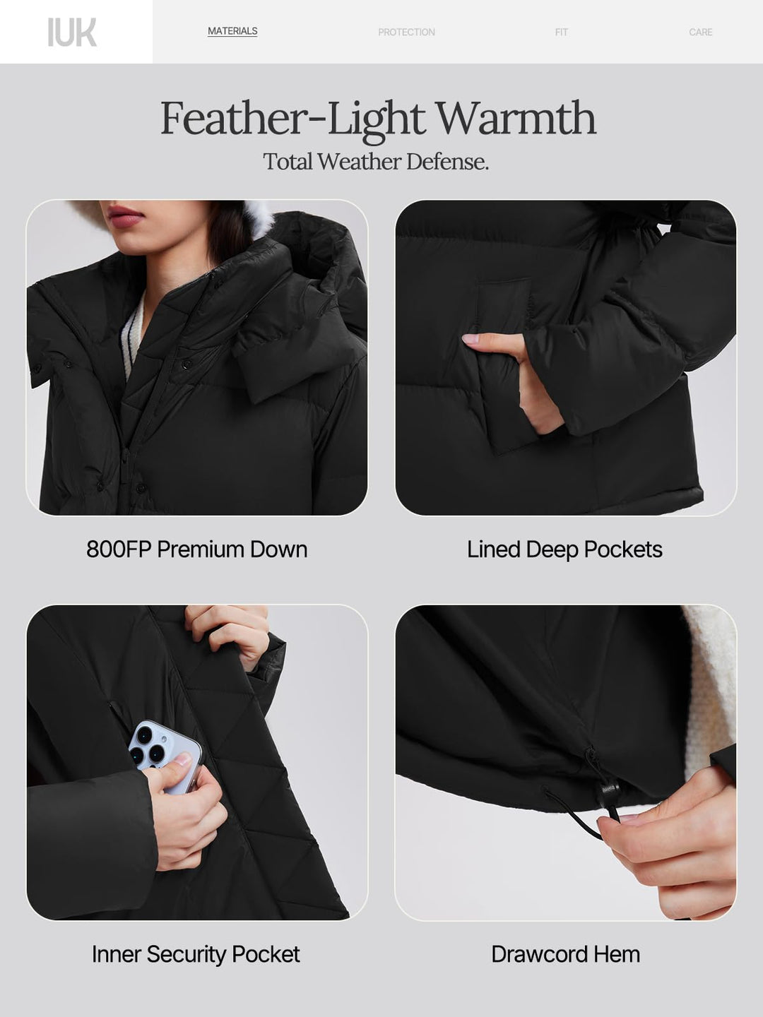 IUK 800 Fill Short Down Puffer Jacket, Relaxed Fit Lightweight Ski Winter Jacket &amp; Coat Snap Button Puffy Cropped Outerwear