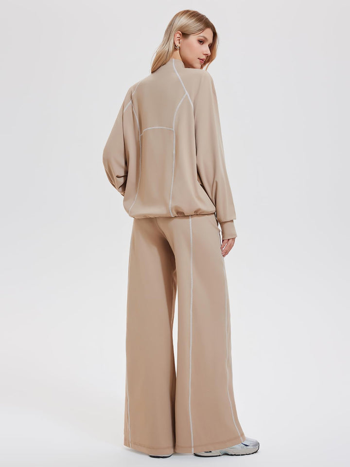 IUK Tall Women’s 2 Piece Athleisure Lounge Set, Oversized Zip Up Jacket &amp; High Waisted Wide Leg Pants, Matching Active Outfit