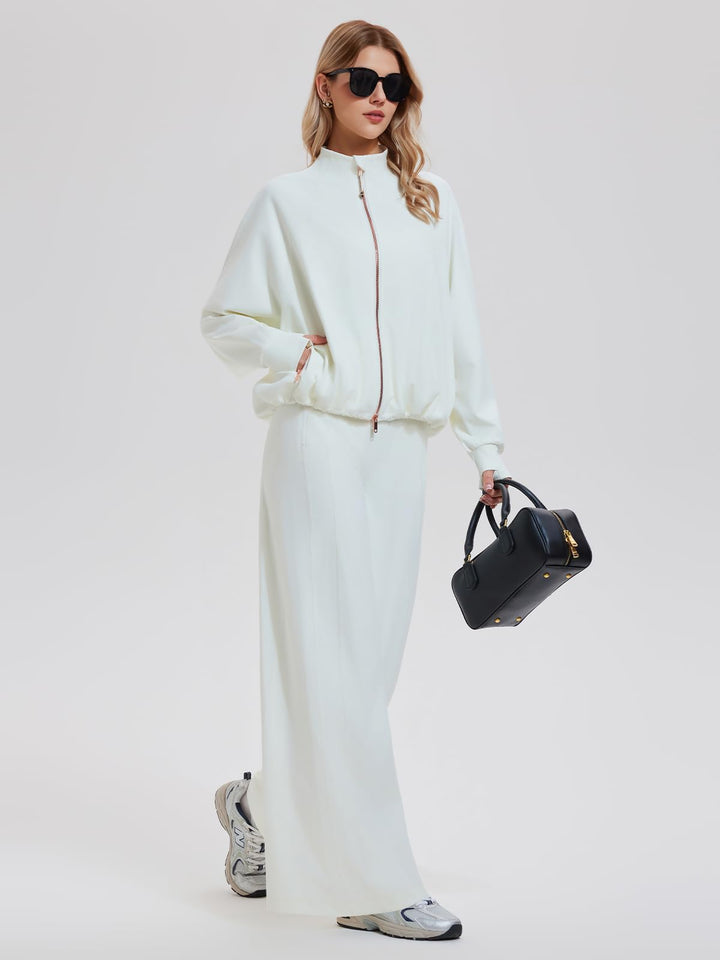 IUK Tall Women’s 2 Piece Athleisure Lounge Set, Oversized Zip Up Jacket &amp; High Waisted Wide Leg Pants, Matching Active Outfit