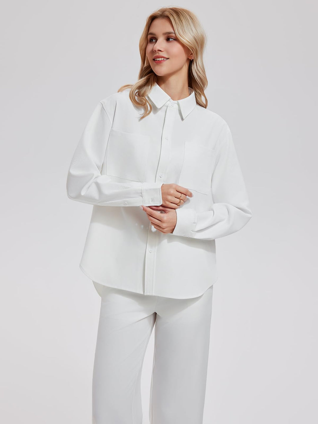 IUK Women’s 2 Piece Pinstripe Oversized Button Down Blouse &amp; Straight Leg Pants Travel Casual Workwear Lightweight Breathable