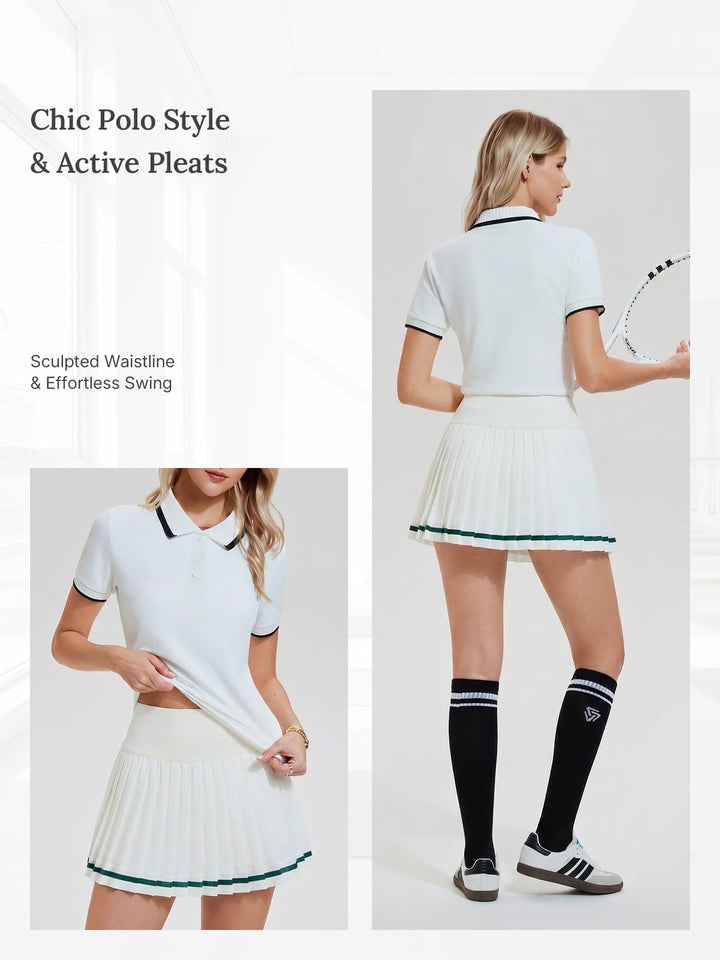 IUK Womens 2 Piece Tennis Skirt Set Polo Pleated Skort with Pockets Golf Pickleball Badminton Athletic Workout Outfit