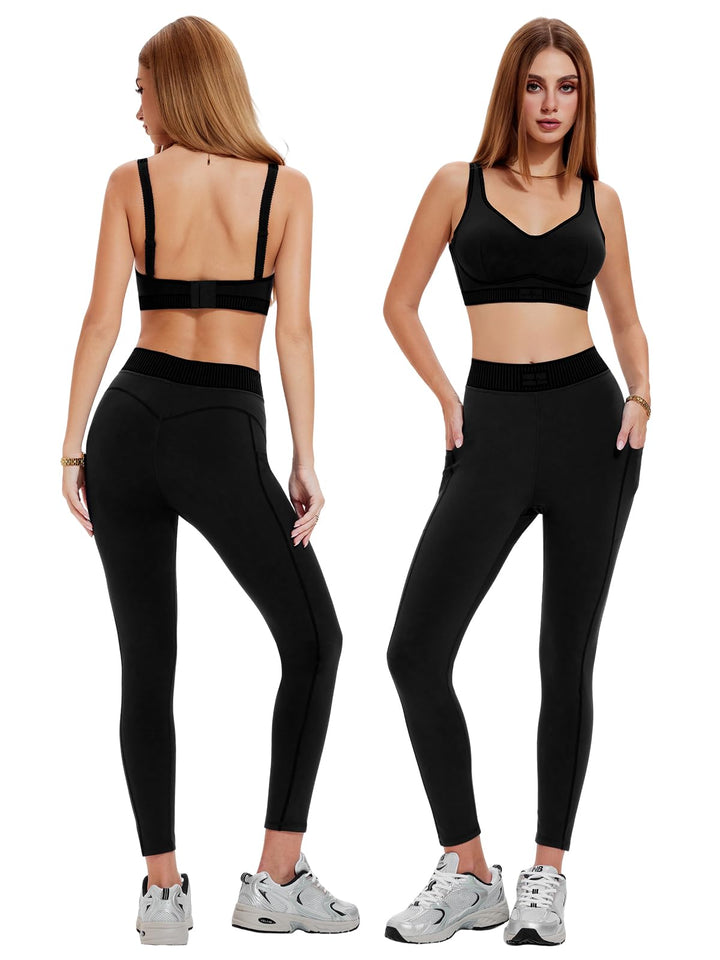 IUK Workout Sets for Women 2 Piece Matching Set Sport Plunge V Neck Bra Legging with Pockets Gym Travel Outfits Yoga Athletic