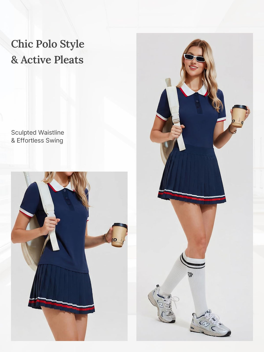 IUK Womens 2 Piece Tennis Skirt Set Polo Pleated Skort with Pockets Golf Pickleball Badminton Athletic Workout Outfit