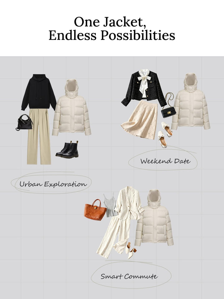 IUK 800 Fill Short Down Puffer Jacket, Relaxed Fit Lightweight Ski Winter Jacket &amp; Coat Snap Button Puffy Cropped Outerwear