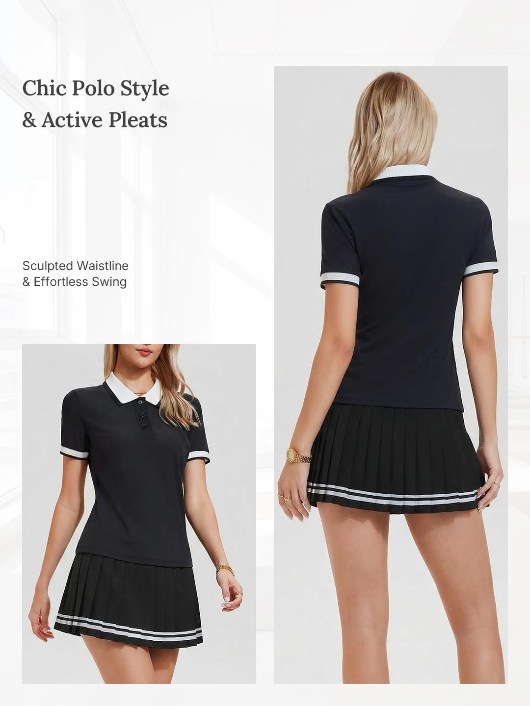 IUK Womens 2 Piece Tennis Skirt Set Polo Pleated Skort with Pockets Golf Pickleball Badminton Athletic Workout Outfit