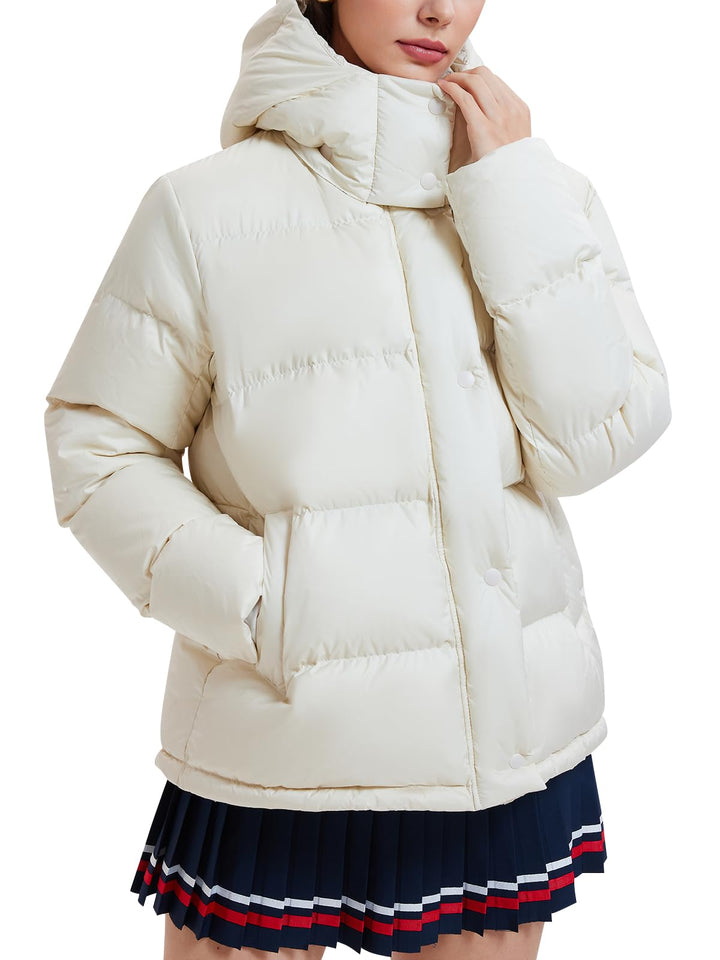 IUK 800 Fill Short Down Puffer Jacket, Relaxed Fit Lightweight Ski Winter Jacket &amp; Coat Snap Button Puffy Cropped Outerwear