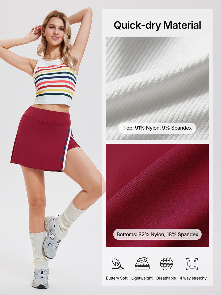 Women’s 2 Piece Tennis Skirt Set Athletic Side Slit Skort with 4 Pockets &amp; Padded Racerback Crop Top for Pickleball Golf