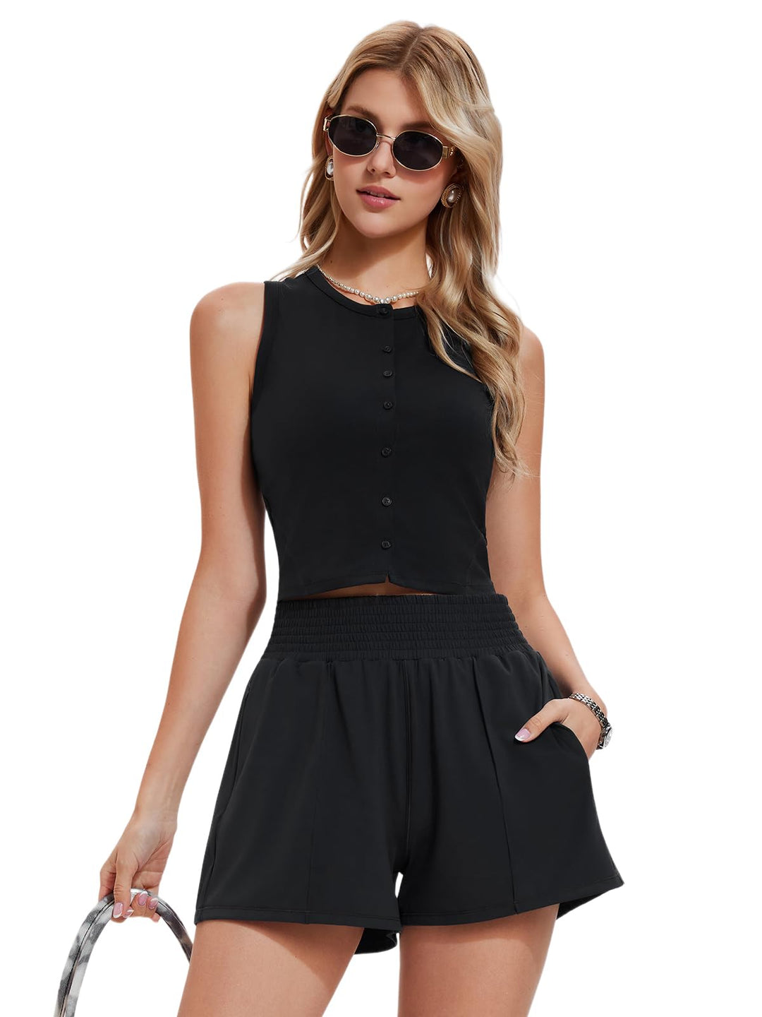 Women’s Tennis Workout Set Crop Button Down Top High Waisted Athletic Shorts Golf Pickleball Outfit with Pockets