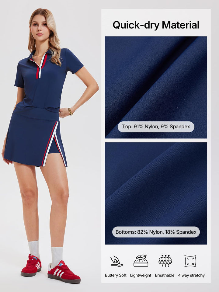 Women’s 2 Piece Tennis Skirt Set Colorblock V Neck Polo &amp; High Waisted Side Slit Skort Athletic Outfit for Pickleball Golf