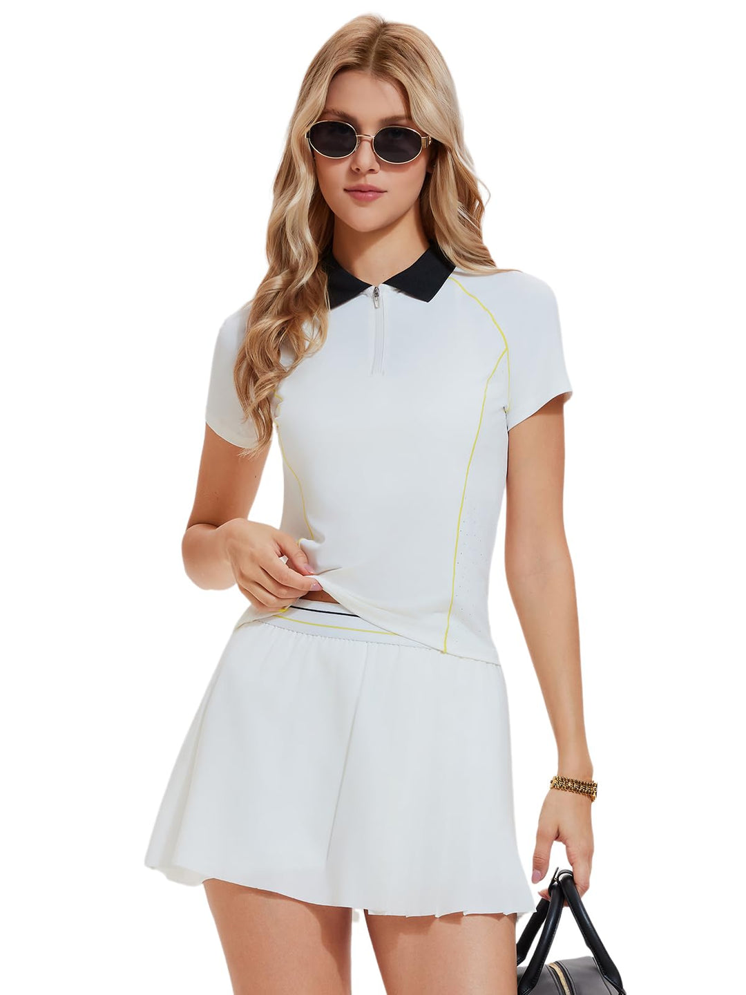 Women’s Tennis Outfit 2 Piece Half-Zip Polo Shirt &amp; Pleated Skirt Set Athletic Golf Pickleball Skort with Shorts and Pockets