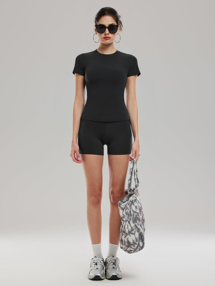 Women’s 2 Piece Workout Set, Slim Fit Crew Neck T Shirt &amp; High Waisted 4 Inch Athletic Shorts, Matching Activewear Outfit