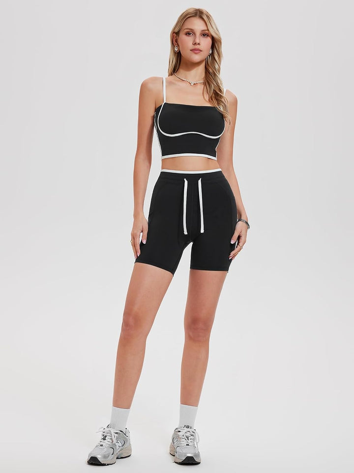 Women’s Two-Piece Workout Set Adjustable Crop Tank Top &amp; High-Waisted 6" Biker Shorts Yoga Pilates Matching Outfit