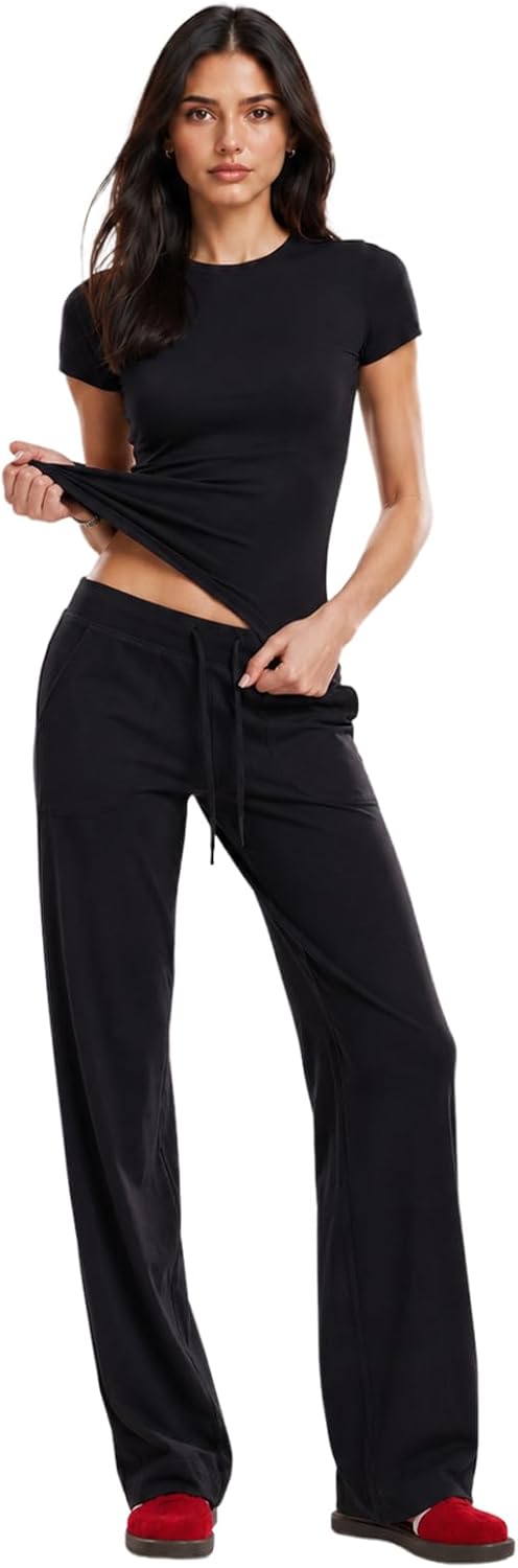 Women's 2 Piece Outfits Short Sleeve & High Waisted Wide Leg Pants Summer Lounge Set Y2K Travel