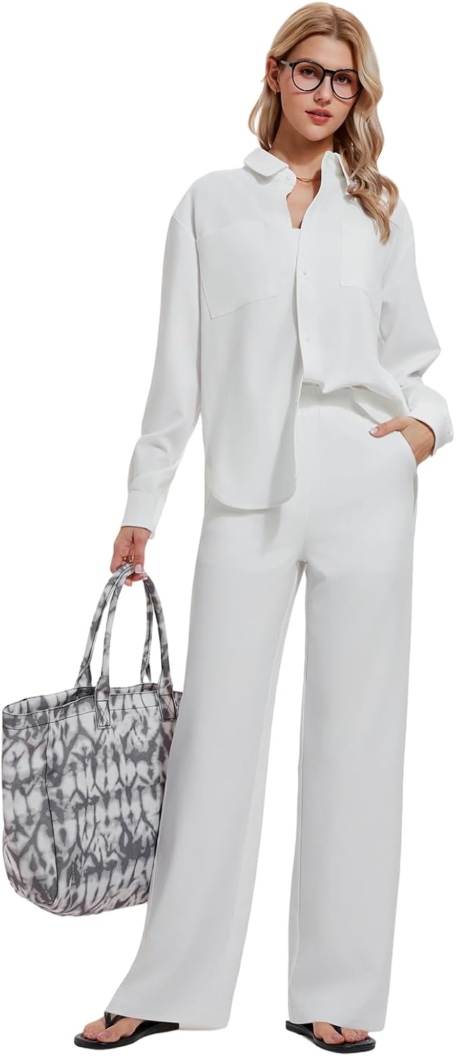 Women’s 2 Piece Pinstripe Oversized Button Down Blouse &amp; Straight Leg Pants Travel Casual Workwear Lightweight Breathable