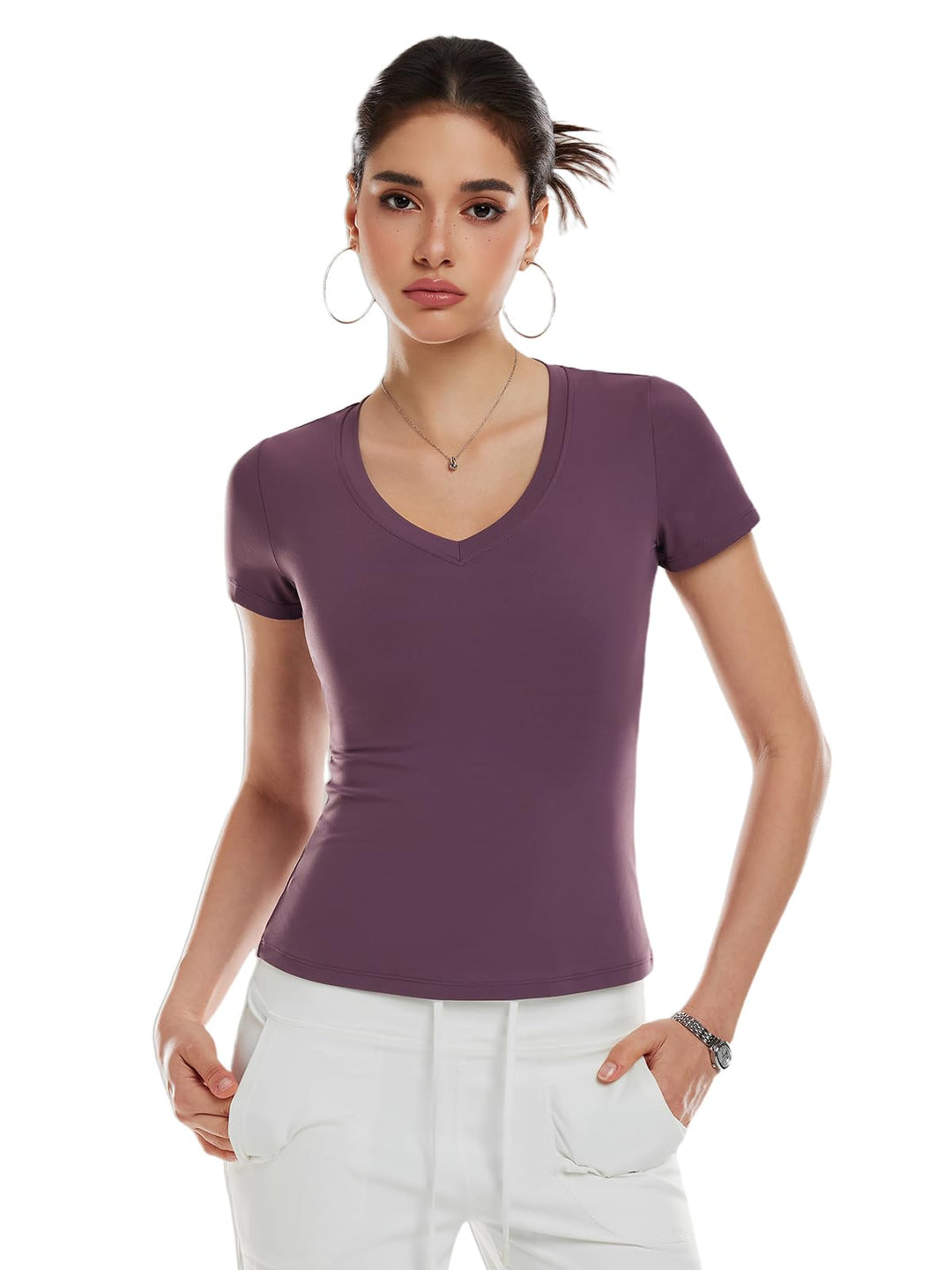 V Neck Compression Shirt Women Workout Tops Short Sleeve Basic Tees