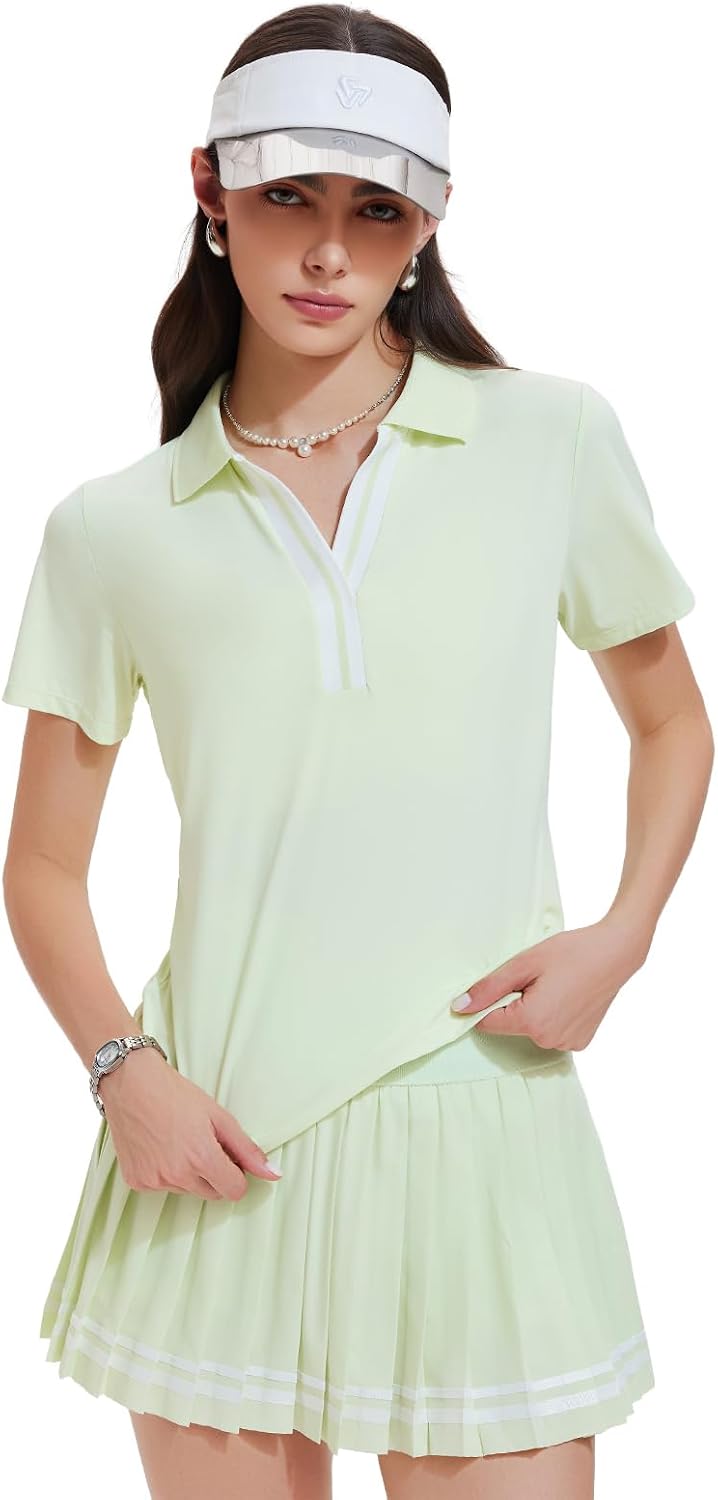 Women 2 Piece Tennis Skirt Set Pleated Golf Outfit, Polo V-Neck Athletic Dress Alternative Skort Set for Pickleball Pockets