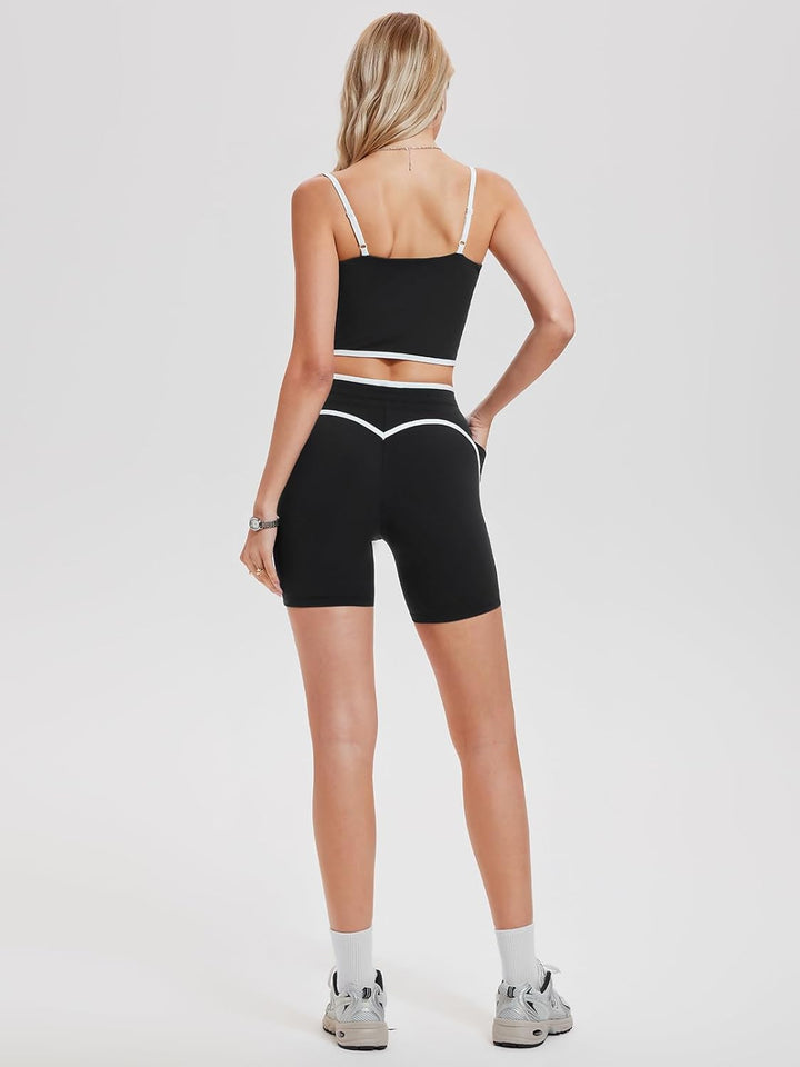 Women’s Two-Piece Workout Set Adjustable Crop Tank Top &amp; High-Waisted 6" Biker Shorts Yoga Pilates Matching Outfit