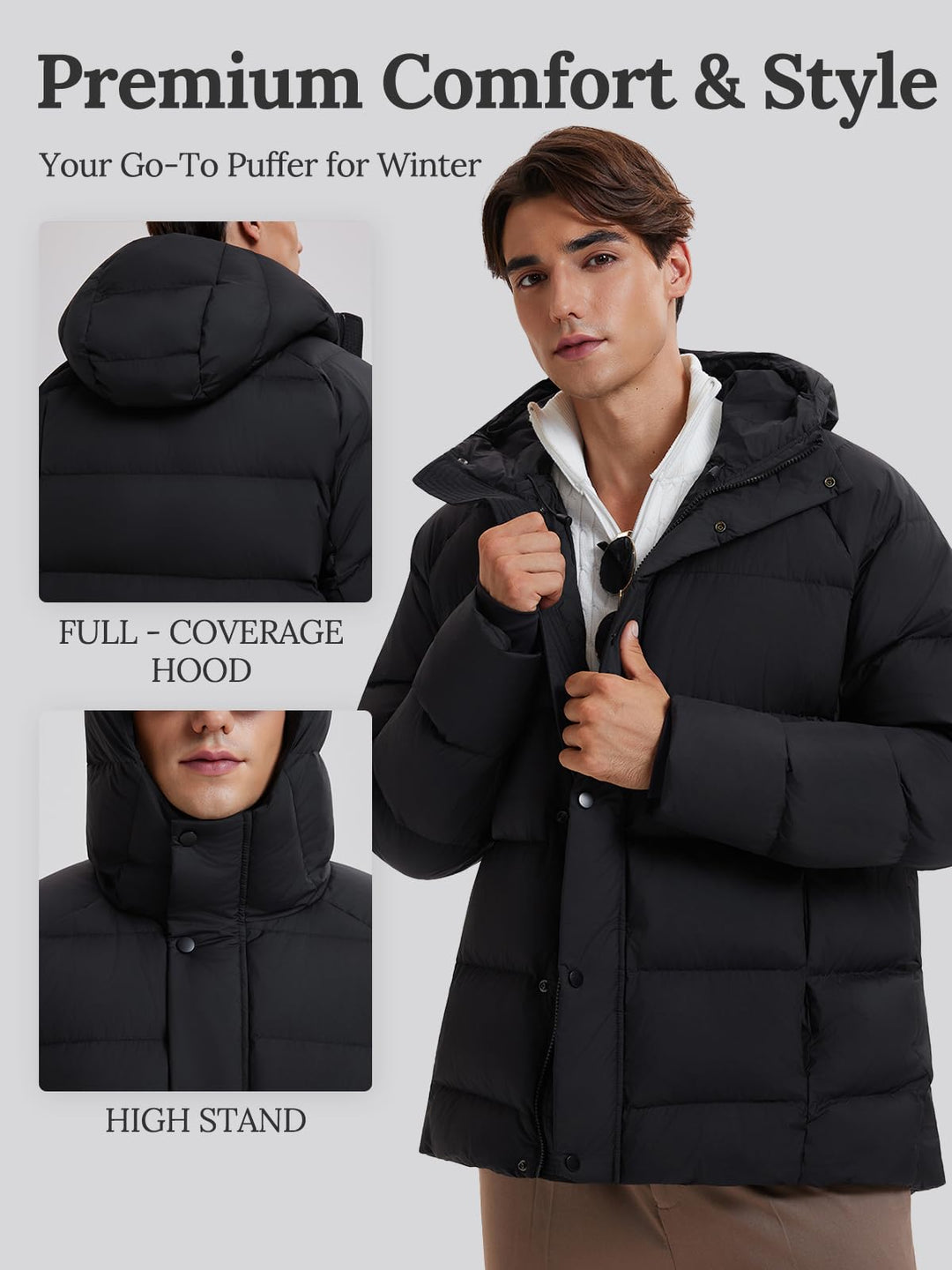 IUK 800 Fill Short Down Puffer Jacket, Relaxed Fit Lightweight Ski Winter Jacket &amp; Coat Snap Button Puffy Cropped Outerwear