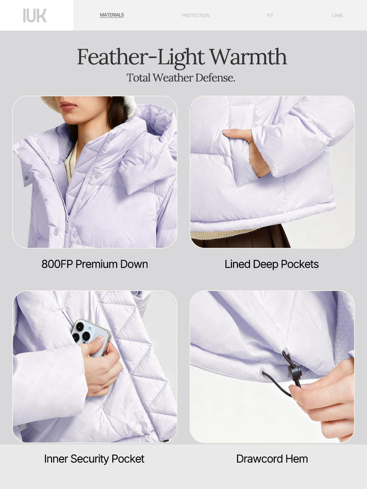 IUK 800 Fill Short Down Puffer Jacket, Relaxed Fit Lightweight Ski Winter Jacket &amp; Coat Snap Button Puffy Cropped Outerwear