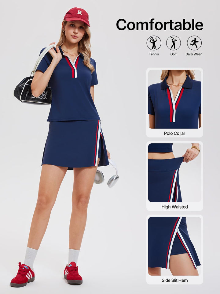 Women’s 2 Piece Tennis Skirt Set Colorblock V Neck Polo &amp; High Waisted Side Slit Skort Athletic Outfit for Pickleball Golf