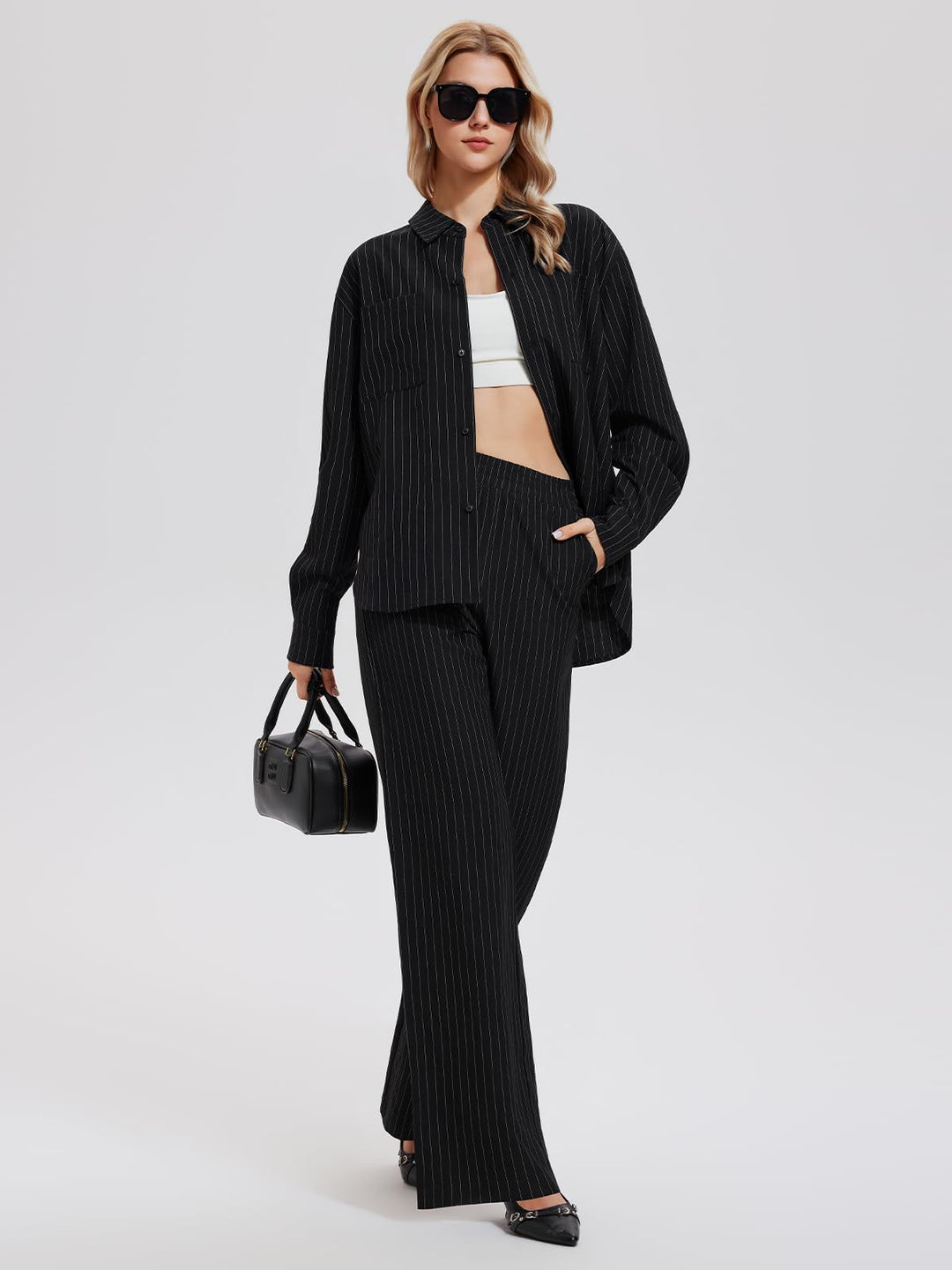 IUK Women’s 2 Piece Pinstripe Oversized Button Down Blouse &amp; Straight Leg Pants Travel Casual Workwear Lightweight Breathable