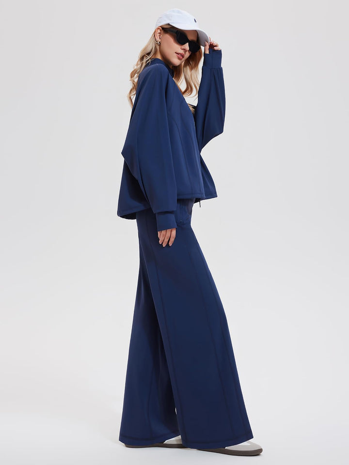 IUK Tall Women’s 2 Piece Athleisure Lounge Set, Oversized Zip Up Jacket &amp; High Waisted Wide Leg Pants, Matching Active Outfit
