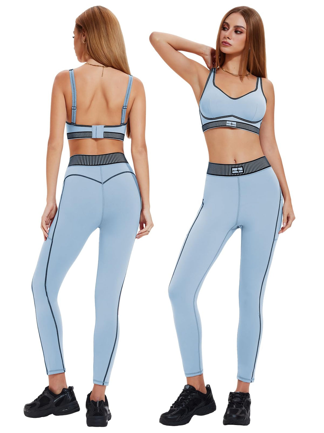 IUK Workout Sets for Women 2 Piece Matching Set Sport Plunge V Neck Bra Legging with Pockets Gym Travel Outfits Yoga Athletic