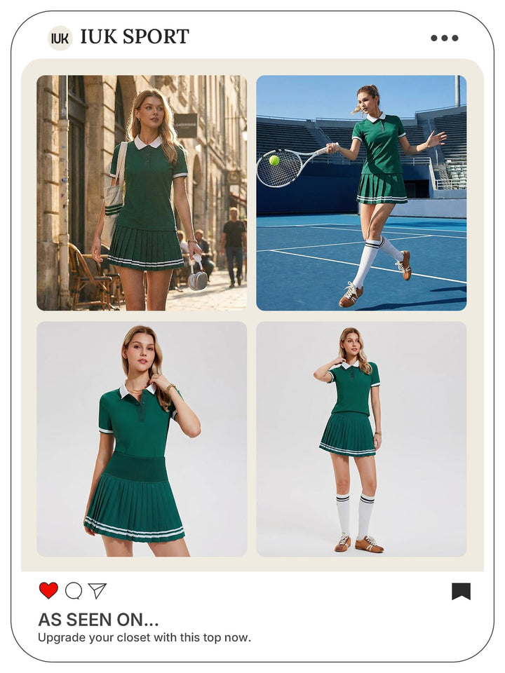 IUK Womens 2 Piece Tennis Skirt Set Polo Pleated Skort with Pockets Golf Pickleball Badminton Athletic Workout Outfit
